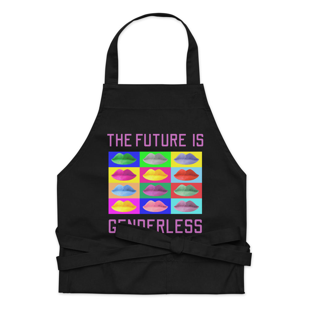 Front-facing black apron with colorful lips and “THE FUTURE IS GENDERLESS” lettering