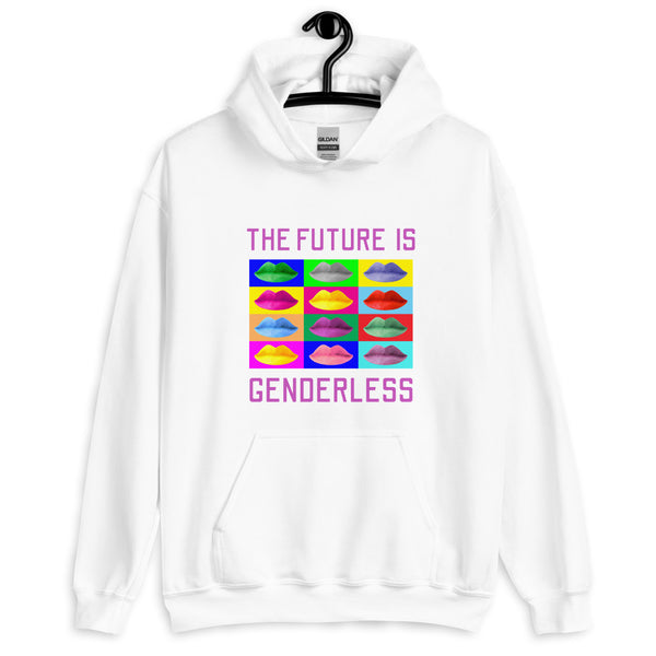 Front view of a white hoodie reading “THE FUTURE IS GENDERLESS” above colorful hats