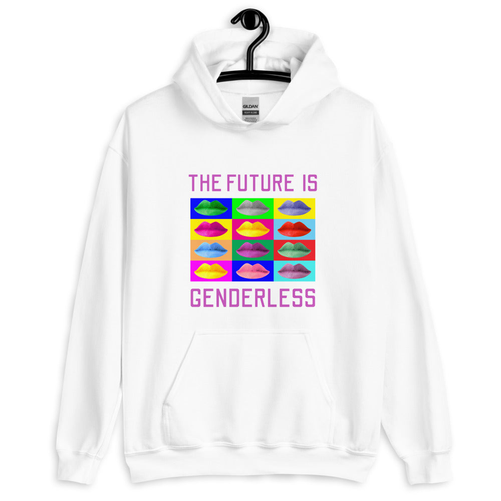 Front view of a white hoodie reading “THE FUTURE IS GENDERLESS” above colorful hats