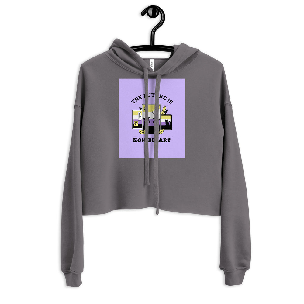 Front view of a gray cropped hoodie on a hanger with a purple graphic reading “THE FUTURE IS NON-BINARY.”