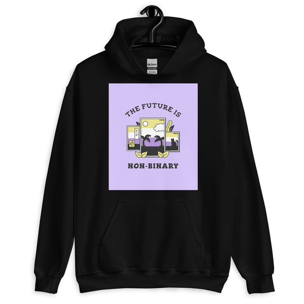 Front view of a black hoodie with lavender “THE FUTURE IS NON-BINARY” graphic