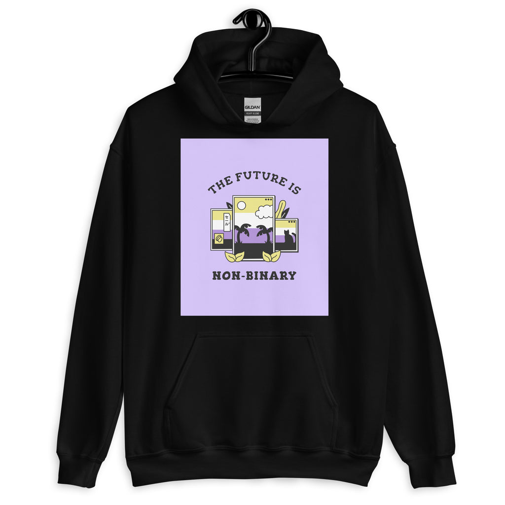Front view of a black hoodie with lavender “THE FUTURE IS NON-BINARY” graphic