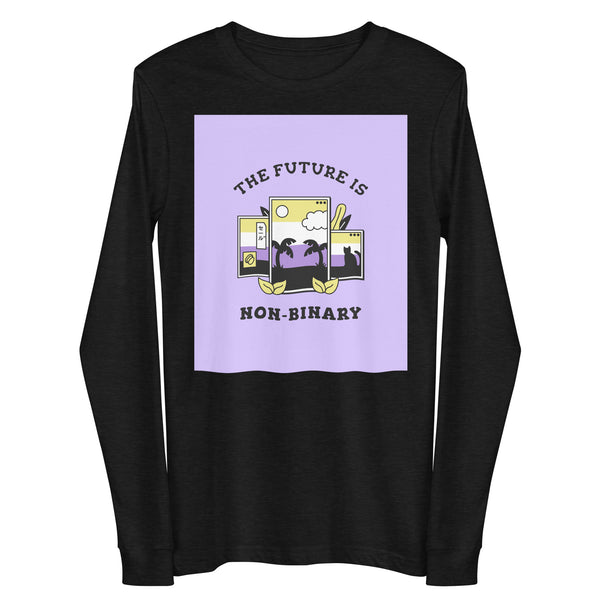 Black long-sleeve shirt with a lavender graphic reading “THE FUTURE IS NON-BINARY”