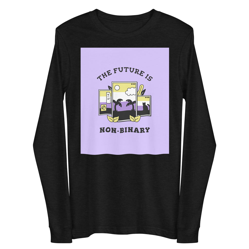 Black long-sleeve shirt with a lavender graphic reading “THE FUTURE IS NON-BINARY”