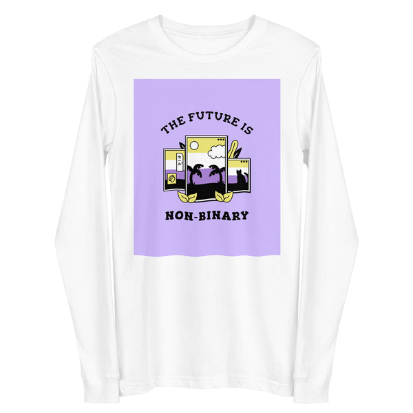 Front view of a white long-sleeve shirt reading “THE FUTURE IS NON-BINARY” over a purple graphic