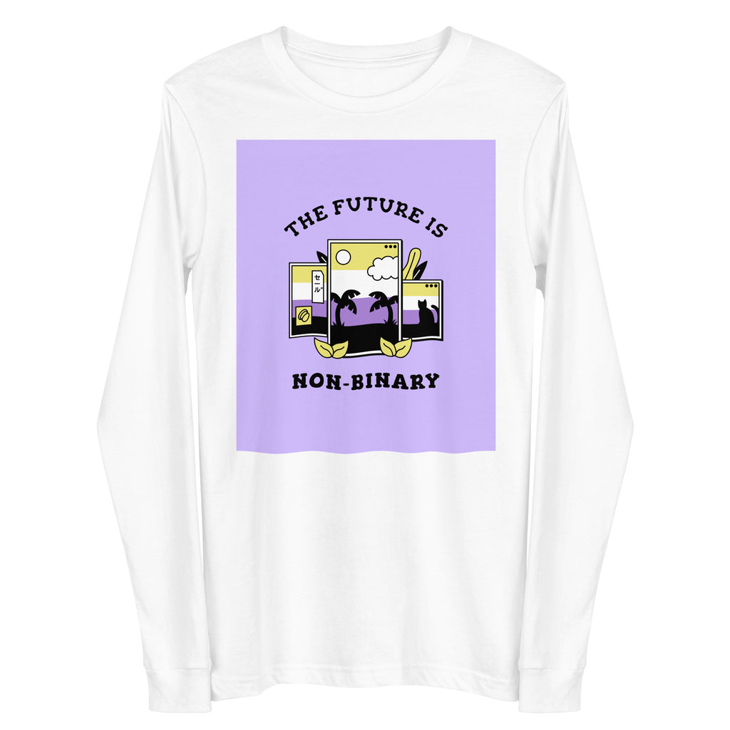Front view of a white long-sleeve shirt reading “THE FUTURE IS NON-BINARY” over a purple graphic
