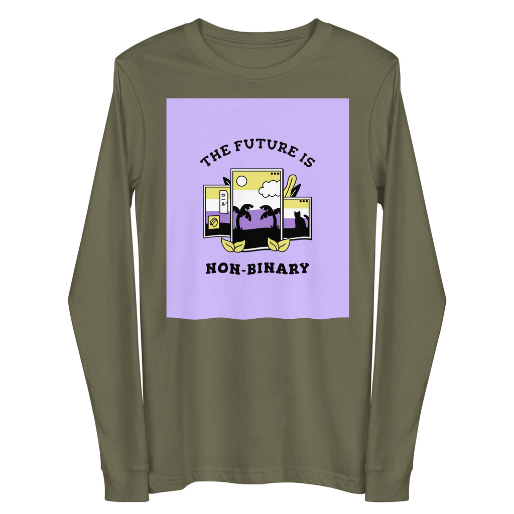 Front view of an olive-green long-sleeve shirt reading “THE FUTURE IS NON-BINARY”