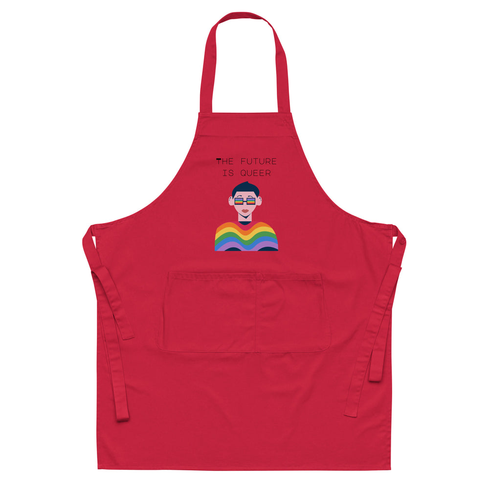 Front-facing red apron with neck strap, waist ties, pocket, and “THE FUTURE IS QUEER” graphic