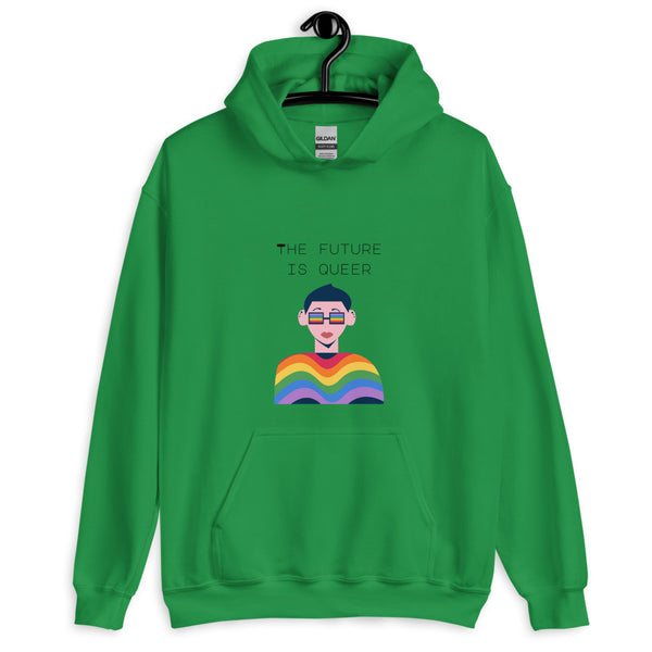Front view of a green hoodie reading “THE FUTURE IS QUEER” above a rainbow-shirted figure