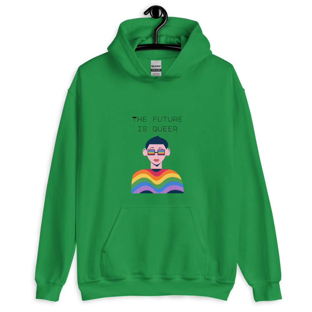 Front view of a green hoodie reading “THE FUTURE IS QUEER” above a rainbow-shirted figure