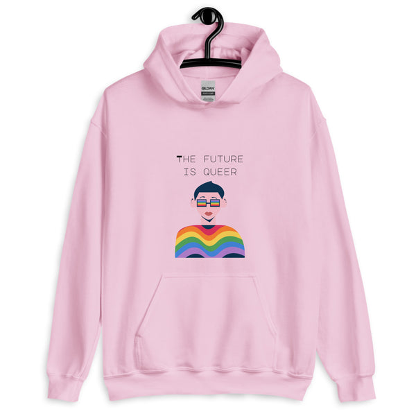 Pink pullover hoodie reading “THE FUTURE IS QUEER” above a rainbow-shirted figure