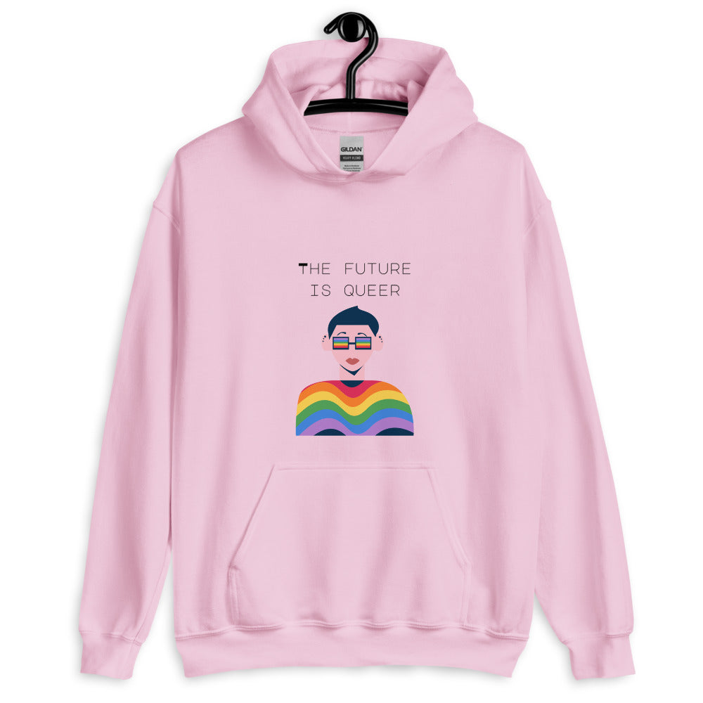 Pink pullover hoodie reading “THE FUTURE IS QUEER” above a rainbow-shirted figure
