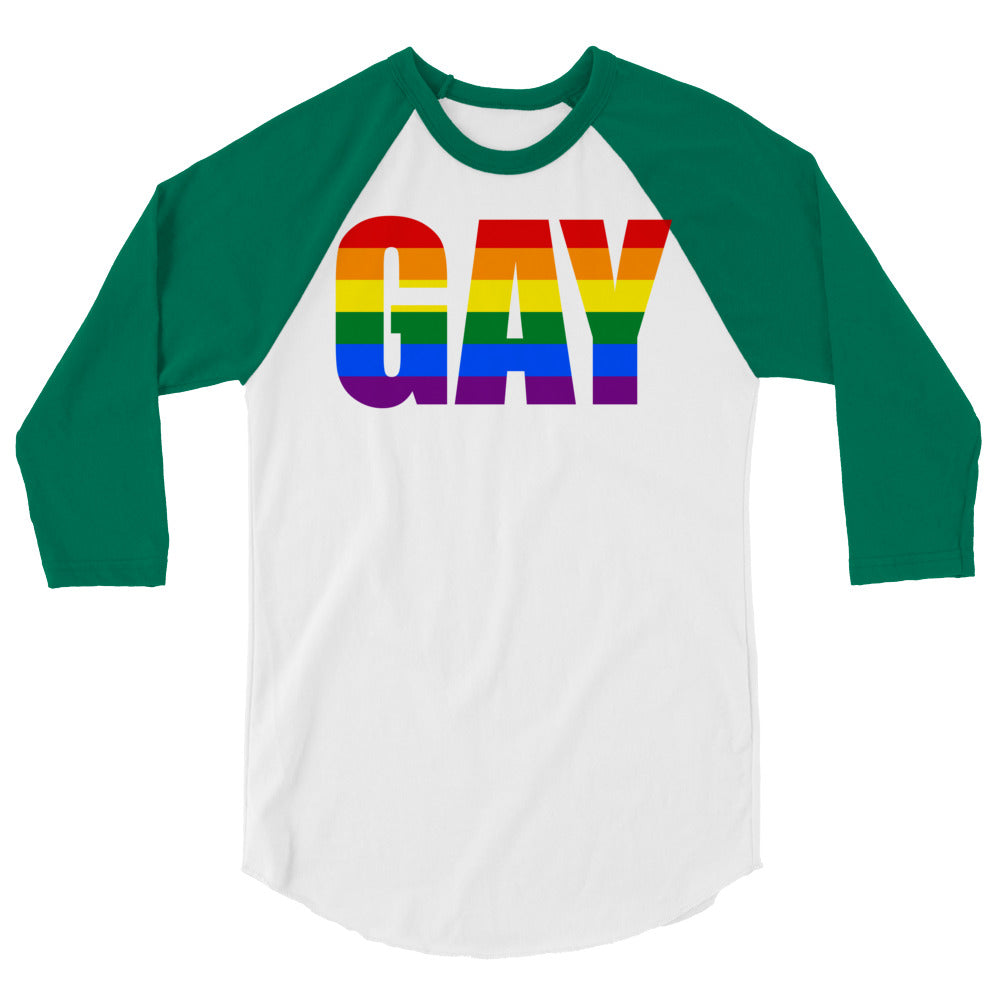 Front view of a white raglan shirt with green sleeves and rainbow-striped GAY lettering