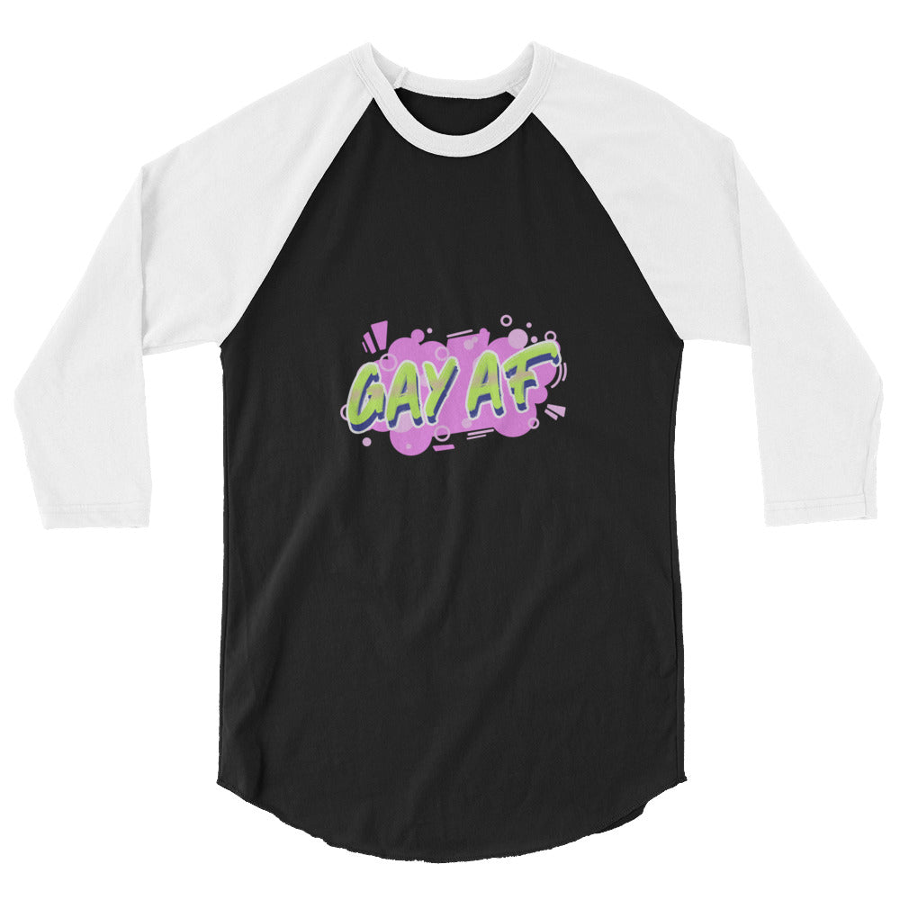 Front view of a black-and-white raglan shirt reading “GAY AF” in colorful lettering