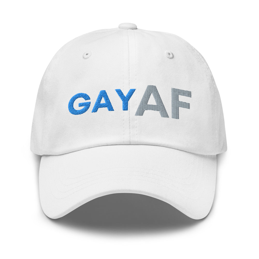 Front-facing white baseball cap embroidered with “GAY AF” in blue and gray