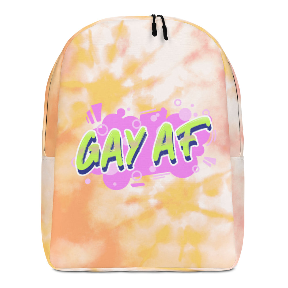 Front view of a pastel tie-dye backpack with colorful “GAY AF” lettering