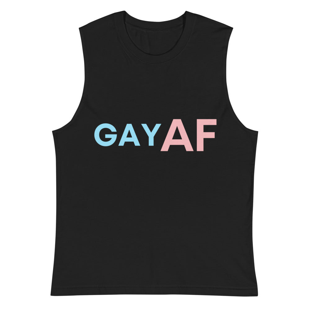 Front view of a black muscle tank top reading “GAY AF” in blue and pink letters