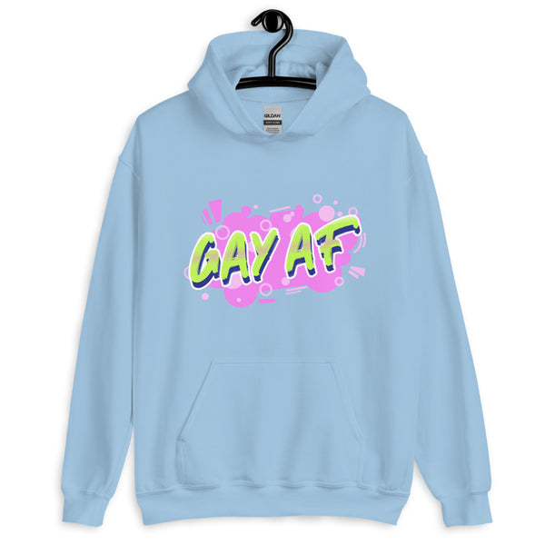 Light blue pullover hoodie on a hanger with colorful “GAY AF” chest graphic