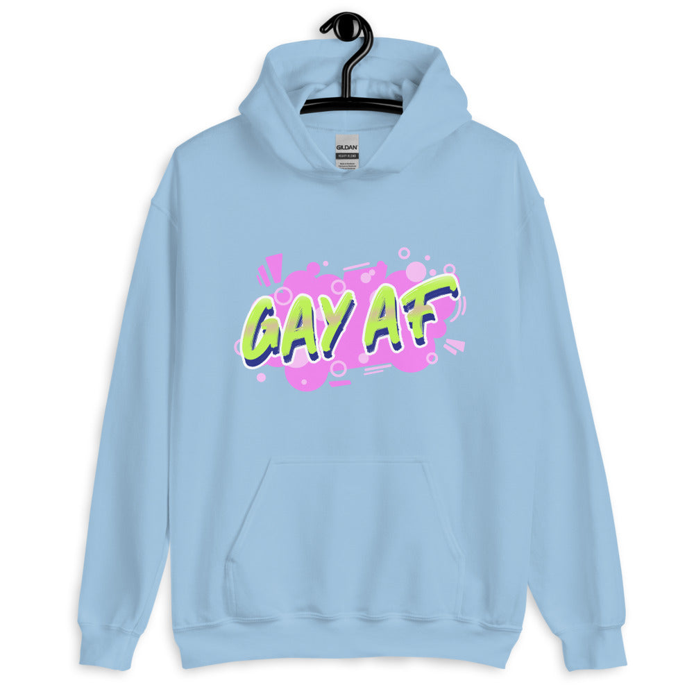 Light blue pullover hoodie on a hanger with colorful “GAY AF” chest graphic