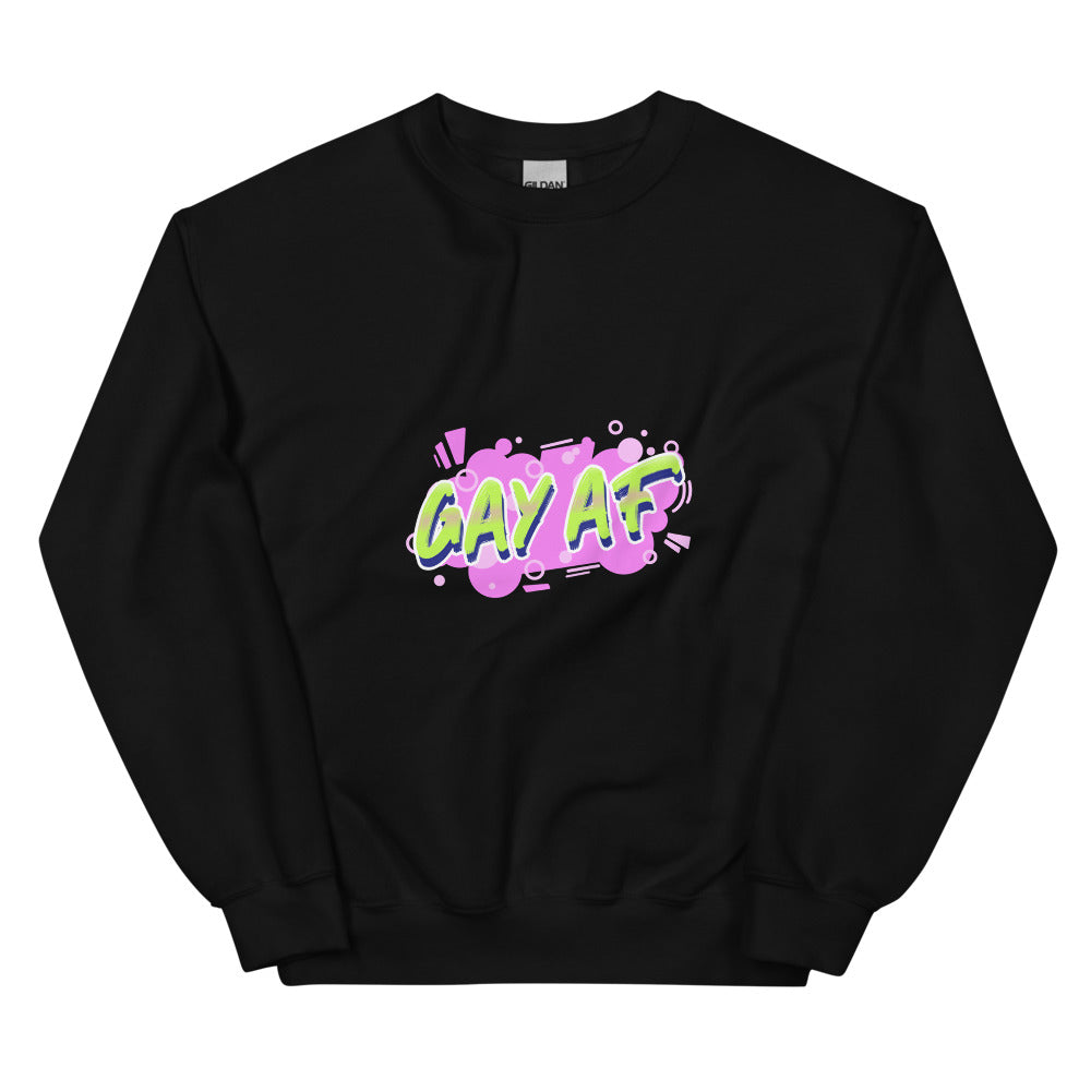 Front view of a black sweatshirt with colorful “GAY AF” lettering on the chest