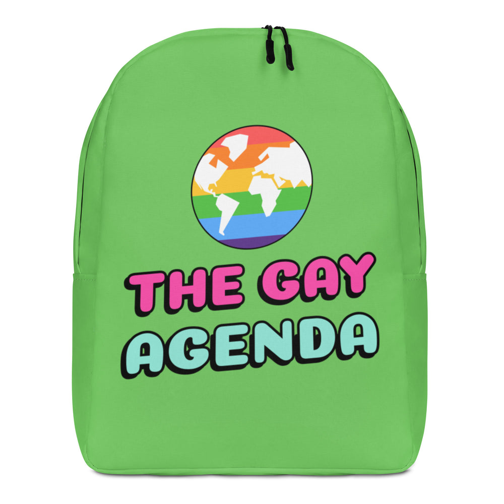 Front view of a bright green backpack reading “THE GAY AGENDA,” with a rainbow globe graphic