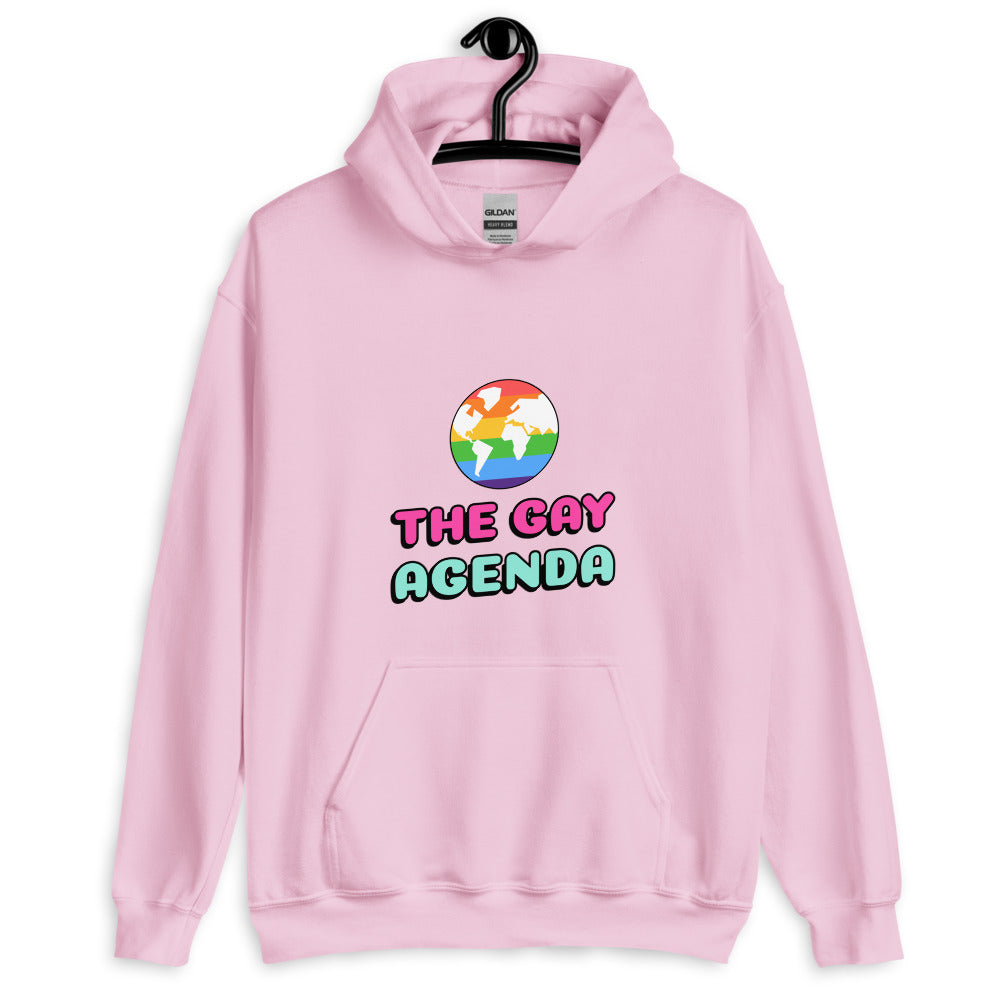 Front view of a pink hoodie on a hanger reading “THE GAY AGENDA”
