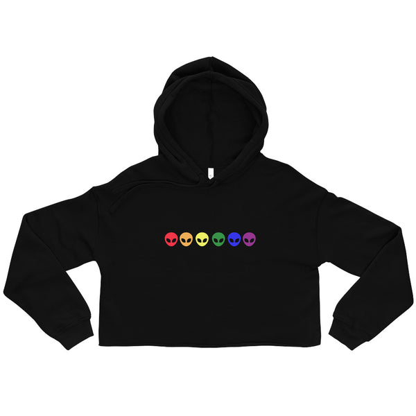 Front view of a black cropped hoodie with six rainbow-colored alien faces on the chest