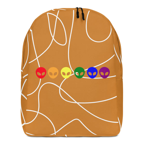 Front-facing mustard backpack with white curved lines and six colorful alien faces