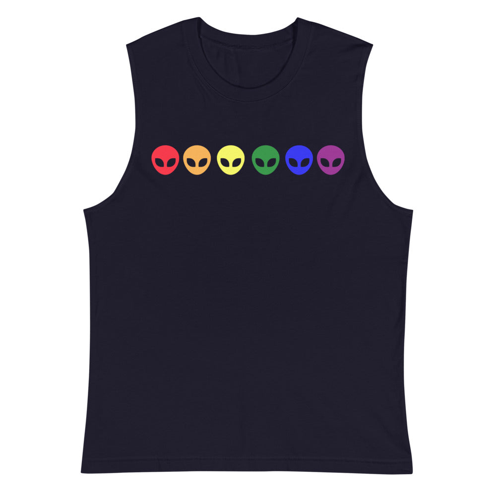 Front view of a dark navy muscle tank top with six rainbow alien faces