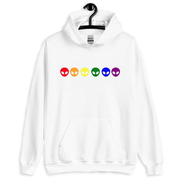 Front-view white hoodie with six rainbow-colored alien-face icons across the chest