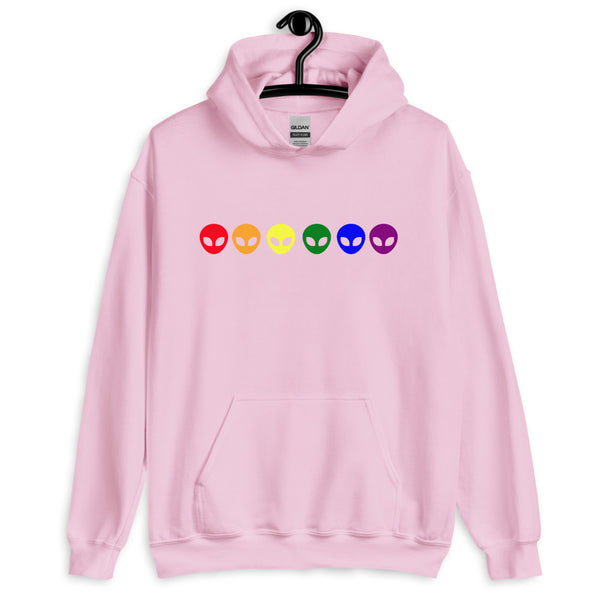 Front view of a light pink hoodie with six colorful alien-face icons across the chest