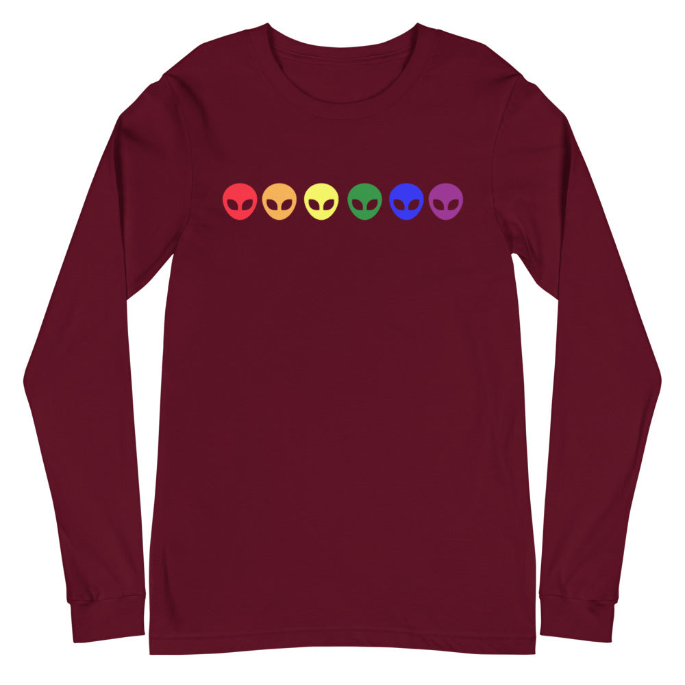 Front view of a maroon long-sleeve shirt with six rainbow-colored alien heads