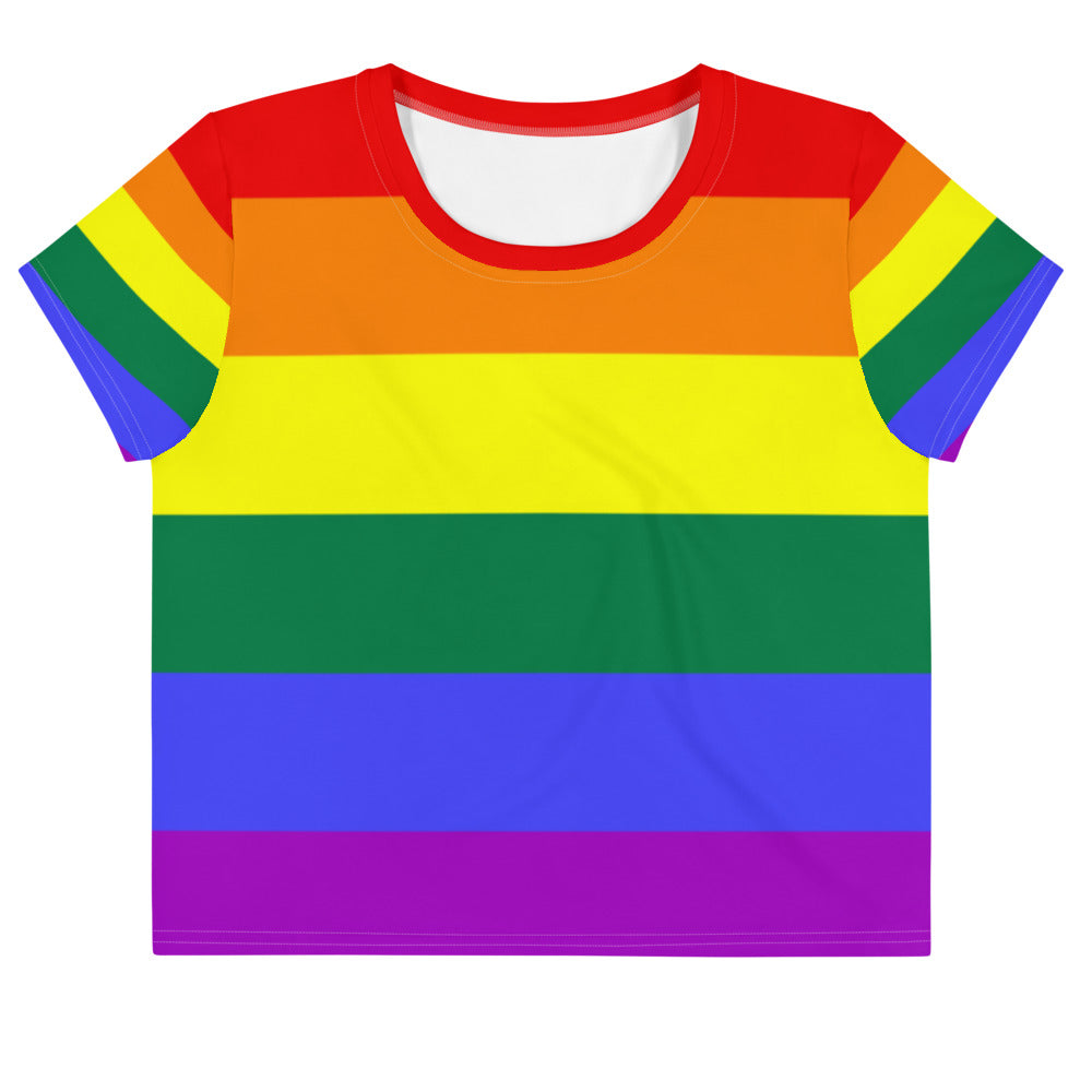 Front-facing rainbow-striped cropped T-shirt with short sleeves and a red-trimmed neckline