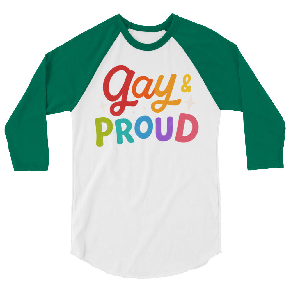 Gay & Proud 3/4 sleeve raglan shirt worn by a joyful parade-goer, arms up, among rainbow flags and Pride slogans in confetti-filled city streets.