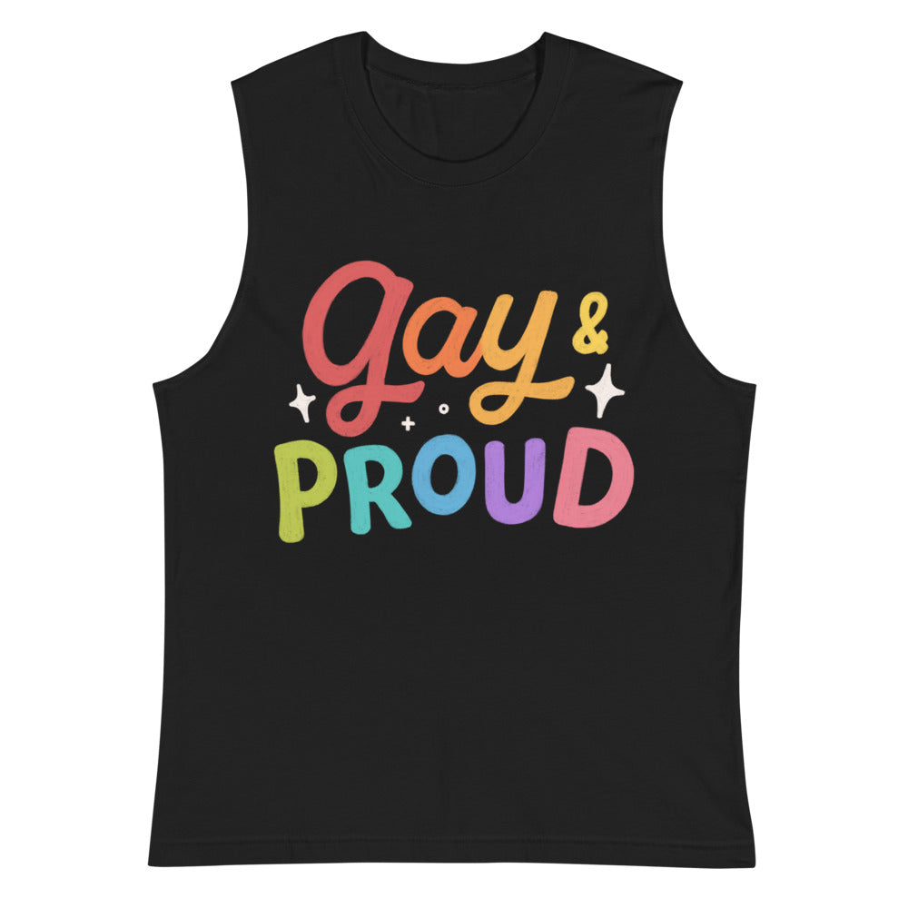 Front view of a black muscle tank top reading “Gay & Proud” in rainbow letters
