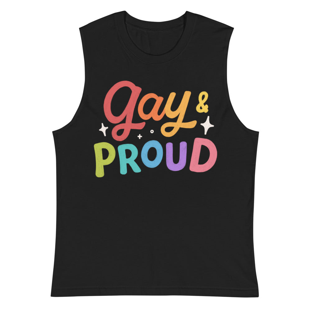 Front view of a black muscle tank top reading “Gay & Proud” in rainbow colors
