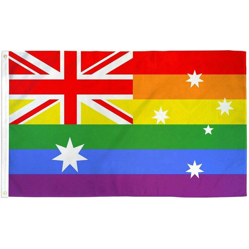 Gay Australia Pride flag with rainbow stripes, Union Jack, and white stars