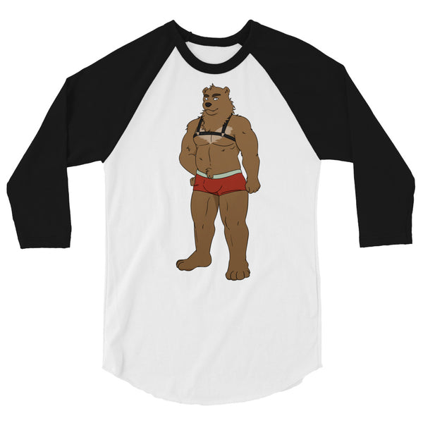 Gay Bear 3/4 Sleeve Raglan Shirt with a ripped cartoon bear in red shorts and harness, worn by a proud guy in a modern bright space.