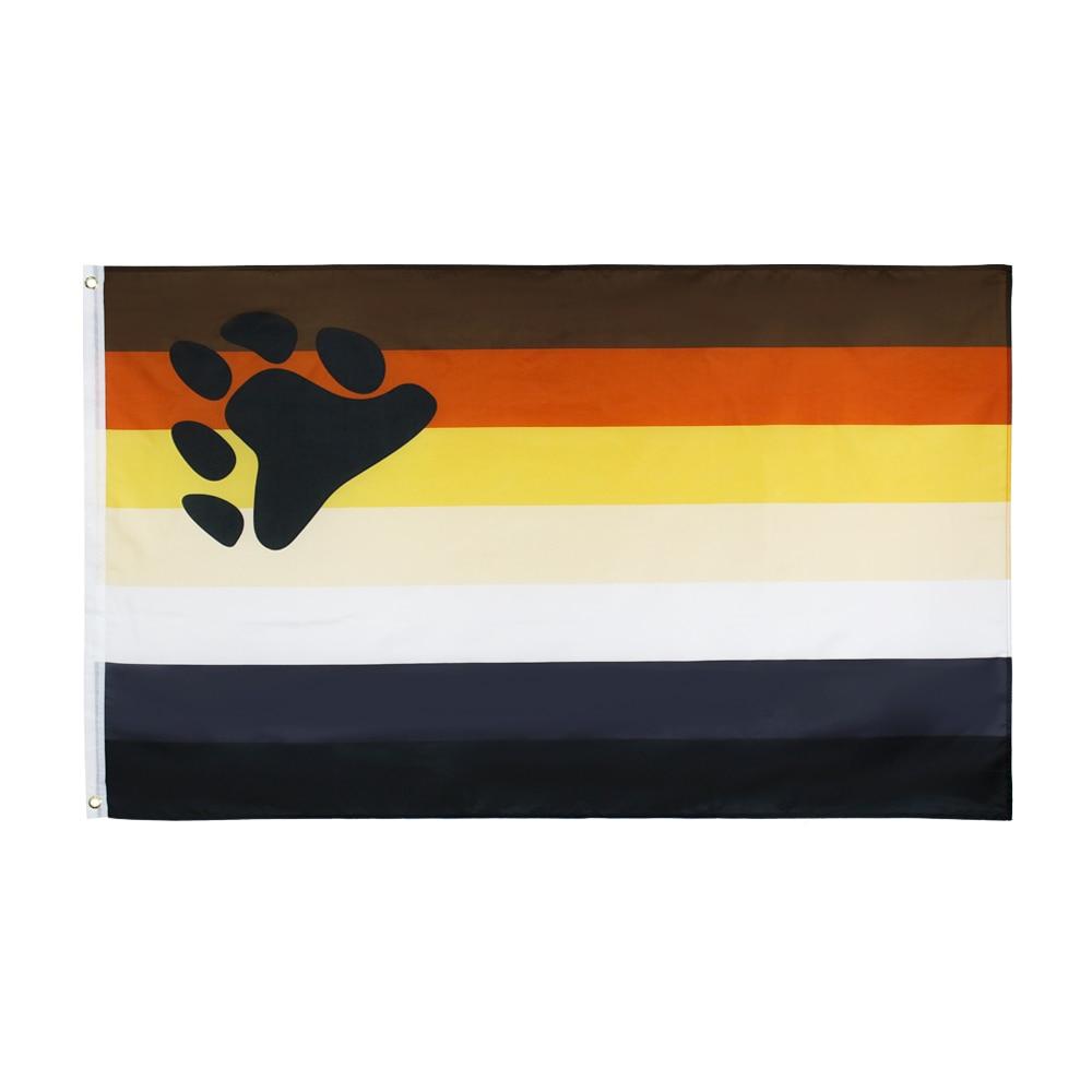 Gay bear pride flag with horizontal brown, orange, yellow, cream, white, gray, and black stripes