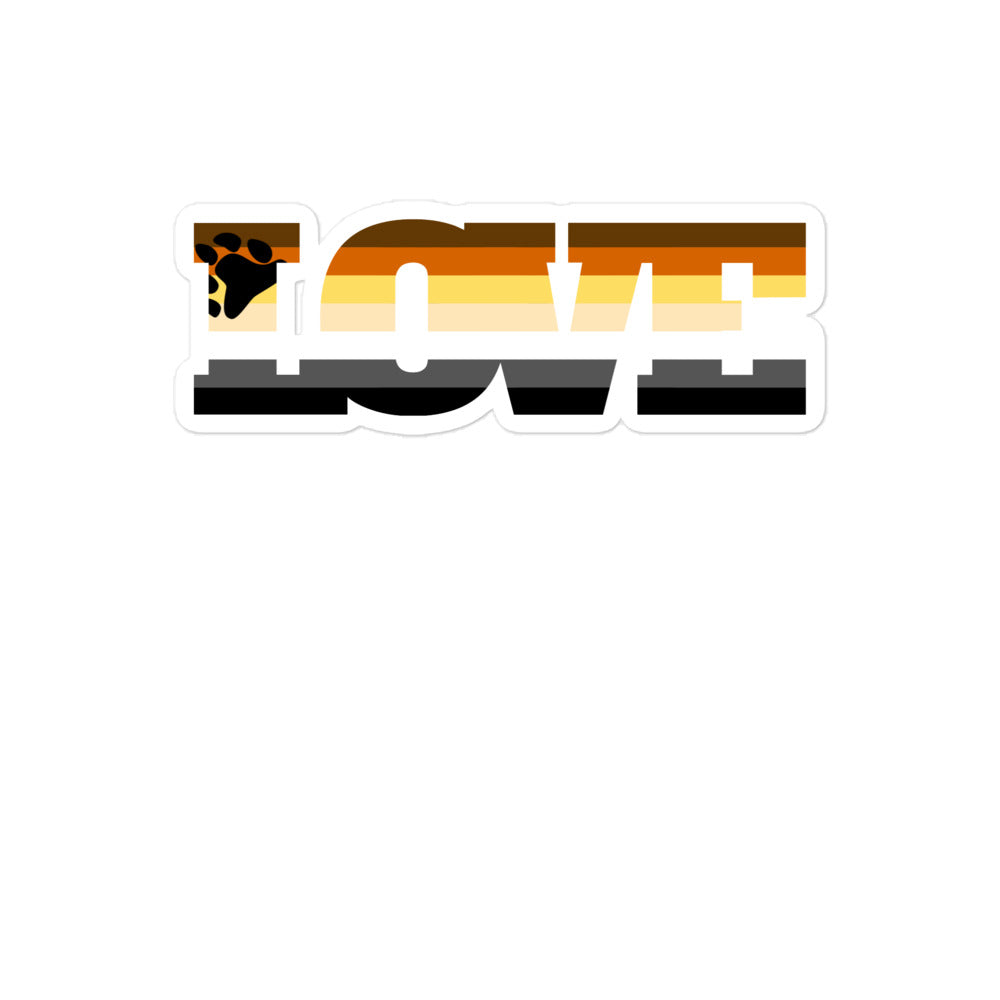 Gay bear pride sticker with the word “BEAR” in brown, orange, yellow, and black stripes