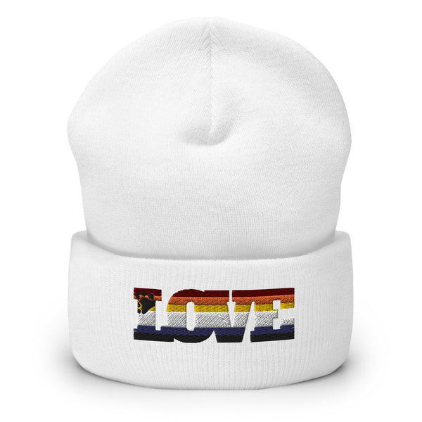 Front-facing white cuffed beanie embroidered with “BEAR” in rainbow stripes