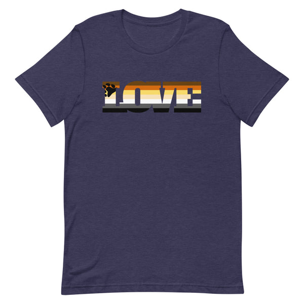Front view of a heather navy T-shirt with a bear and striped LOVE graphic