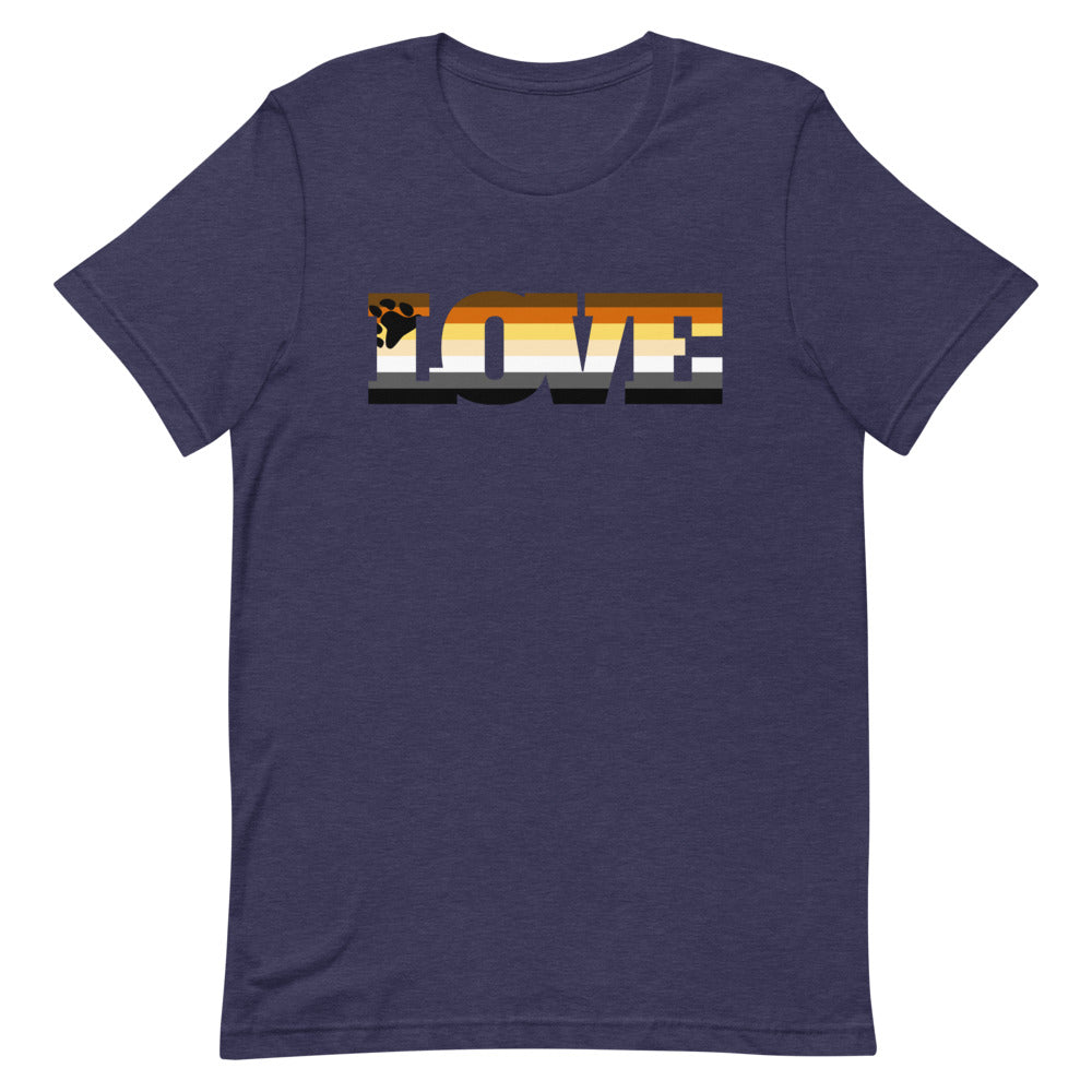 Front view of a heather navy T-shirt with a bear and striped LOVE graphic