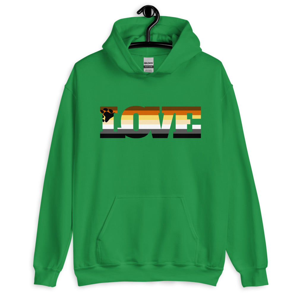 Front-facing green pullover hoodie with a rainbow-striped bear graphic and LOVE lettering