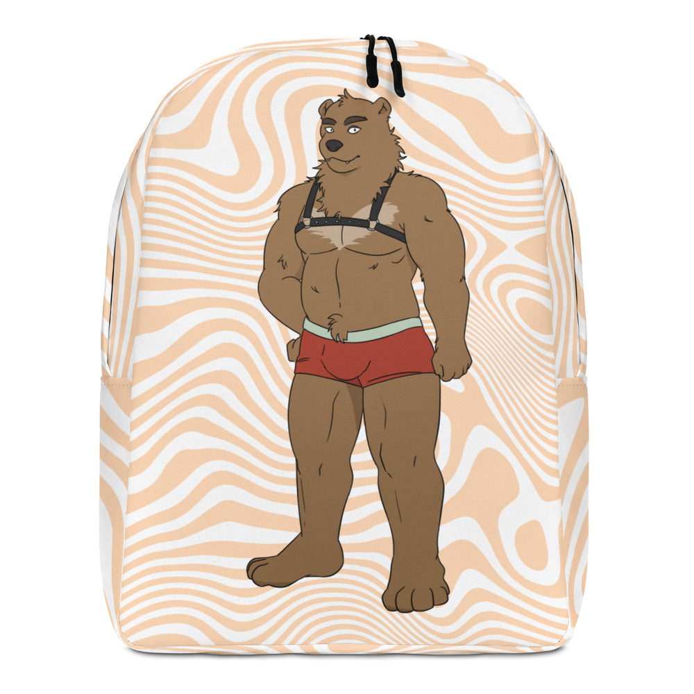 Front-view backpack with a cartoon bear in a harness and red briefs on a wavy beige-and-white pattern