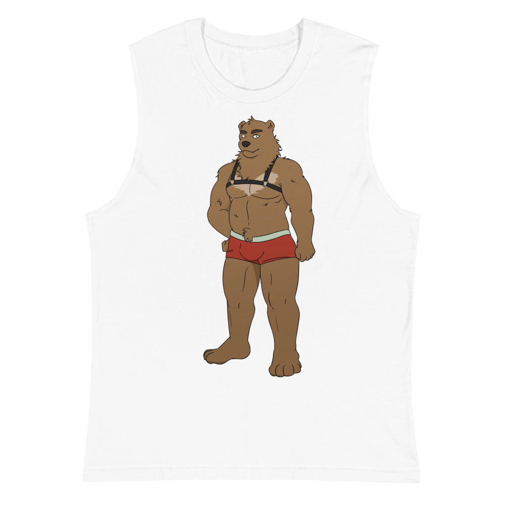 White muscle tank top with a cartoon brown bear in a harness and red briefs