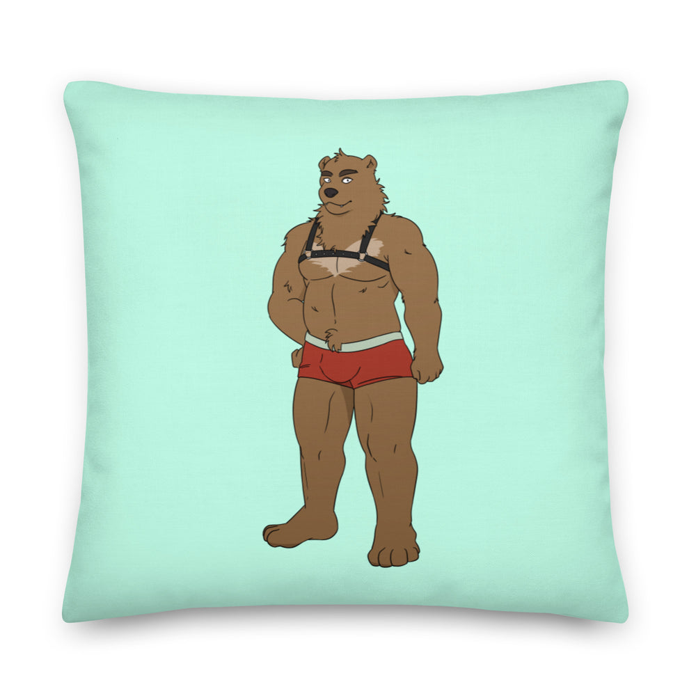 Mint-green square pillow featuring a standing brown bear in a harness and red briefs