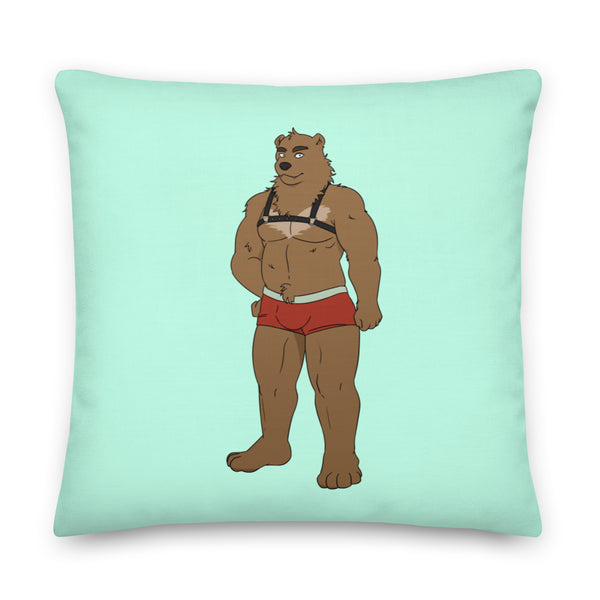 Mint-green square pillow featuring a standing brown bear in a harness and red briefs