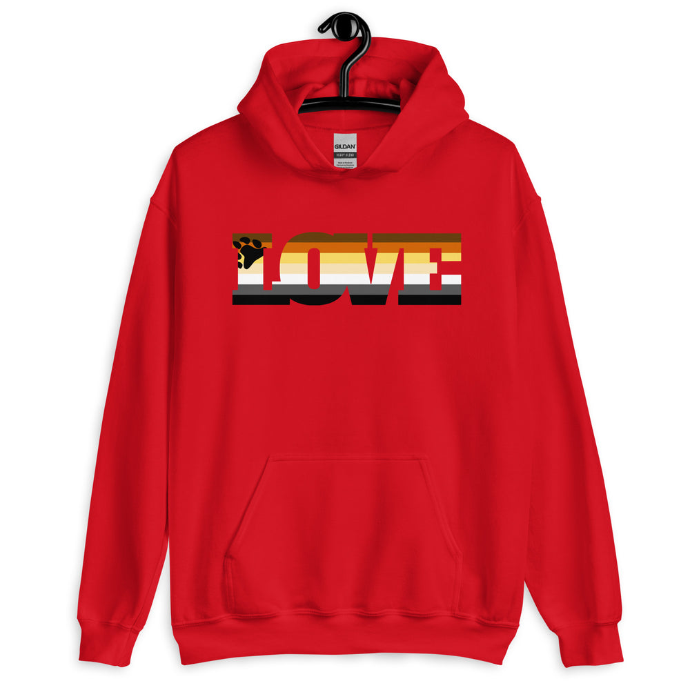 Front view of a red pullover hoodie with a bear-themed rainbow stripe graphic