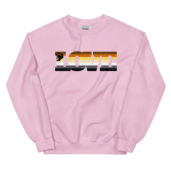 Front view of a pink sweatshirt with a bear paw and striped “HOMO” graphic